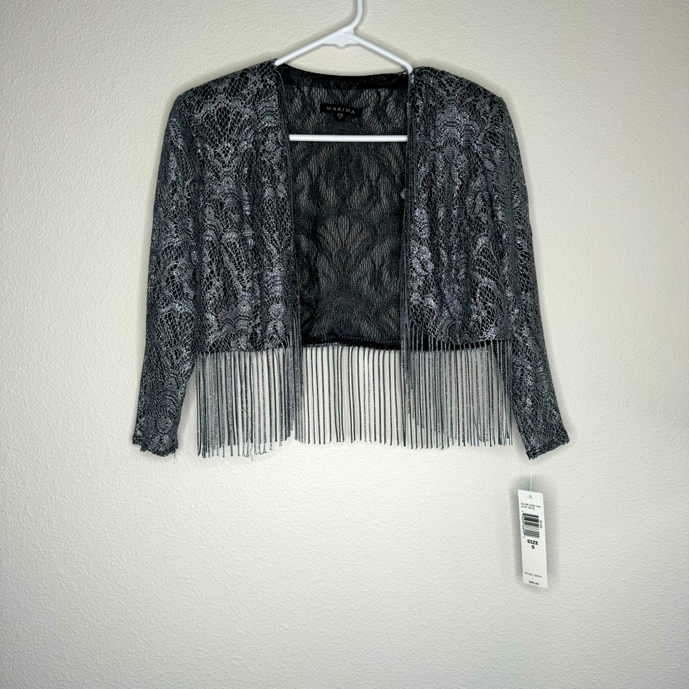 Cropped metallic fringe lace jacket